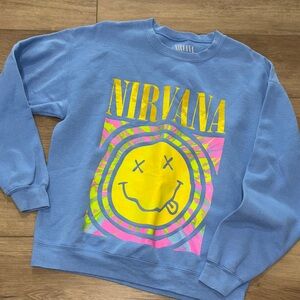 Urban Outfitters NIRVANA Blue and Yellow Graphic Crewneck Sweater size xs/small